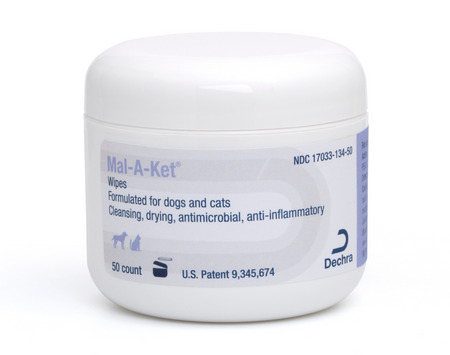 Mal-A-Ket wipes for pets in a 50 count container, designed for cleaning and antimicrobial use.