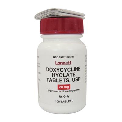 Doxycycline for pets in a bottle of 100 tablets, each containing 20 mg of medication