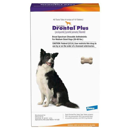 Elanco Drontal Plus tablets for dogs in a box with a medium-sized dog on the packaging