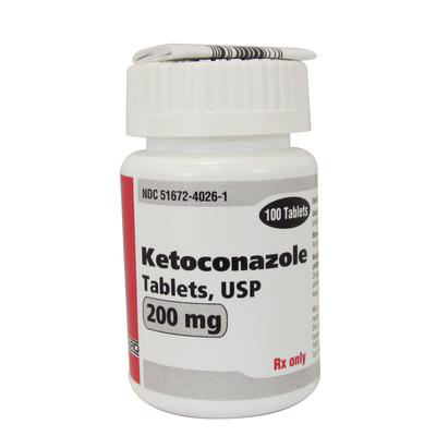 Ketoconazole tablets for pets in a 200 mg bottle containing 100 tablets for fungal infection treatment