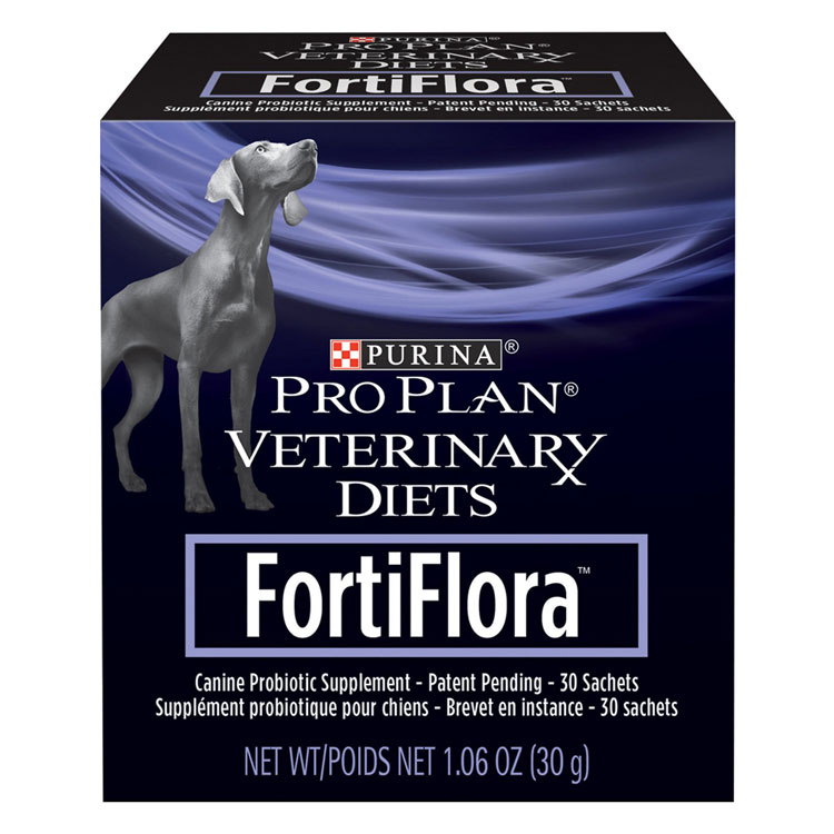 Purina Pro Plan FortiFlora Canine Probiotic Supplement for pet digestive health supplement in a 30 sachet box