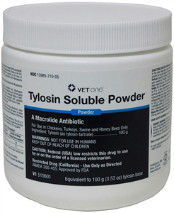 Tylosin powder for pets in a white container labeled as a macrolide antibiotic for animal use