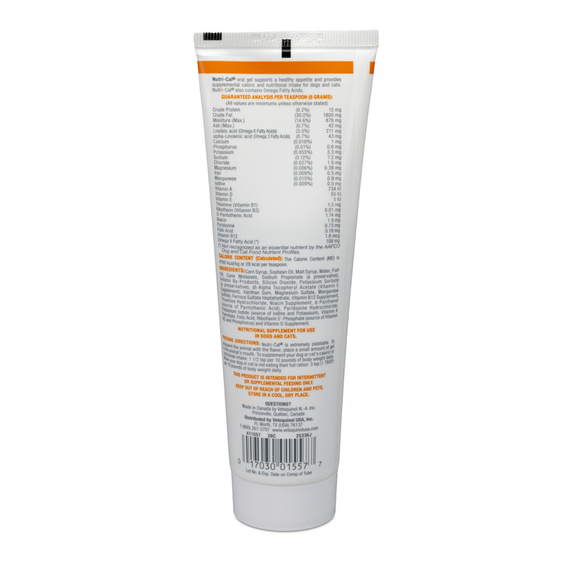 Nutri-Cal supplement for pets in a tube with detailed ingredient and nutrition information on the back