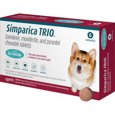 Simparica Trio for dogs chewable tablets in a pack of six for flea and tick control