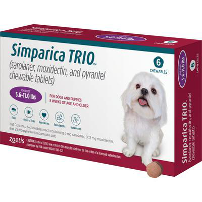 Simparica Trio for dogs in a box containing six chewable tablets for effective parasite protection