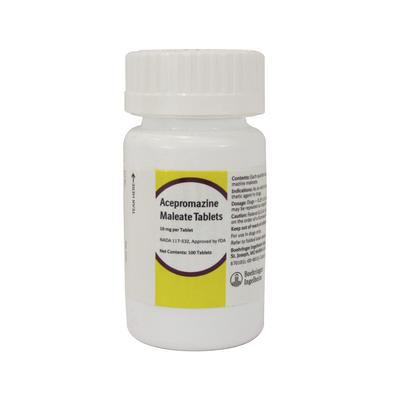 Acepromazine tablets for dogs in a white bottle with a yellow label from Boehringer Ingelheim