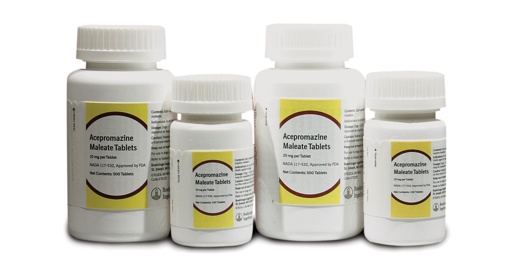 Boehringer Ingelheim Acepromazine tablets for dogs in various bottle sizes for effective anxiety treatment