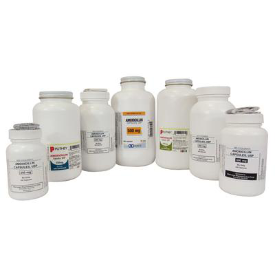 Variety of generic prescription bottles containing affordable amoxicillin for pets in different dosages
