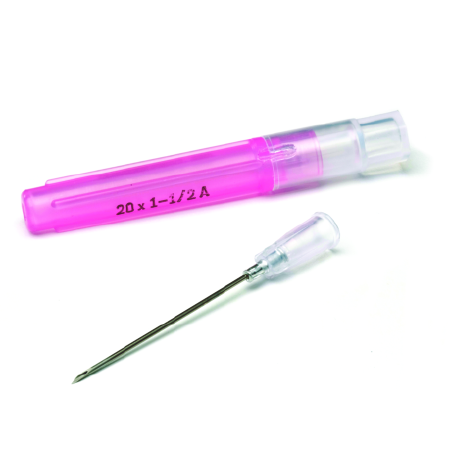 Cardinal Health 20g x 1-1/2 inch pet needle in a pink protective case, affordable pet needles online