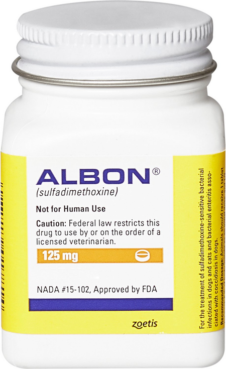 Albon for pets by Zoetis, 125 mg prescription medication bottle for treating bacterial infections