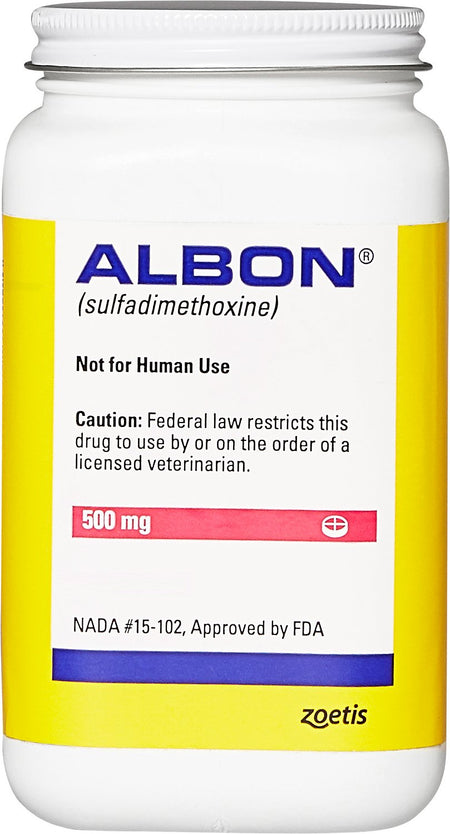 Albon for pets 500 mg by Zoetis in a white container with yellow label for veterinary use