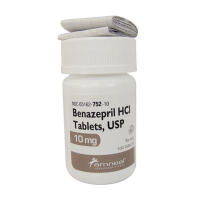 Benazepril for pets in a 10 mg bottle with 100 tablets for treating hypertension in animals