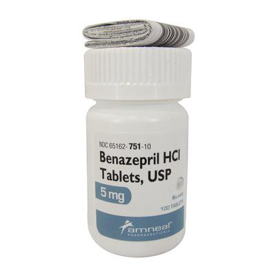 Benazepril for pets in a 100-count bottle of 5 mg tablets for managing heart conditions