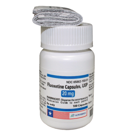 Generic RX Fluoxetine Capsules 20 mg in a white bottle with a medication guide included