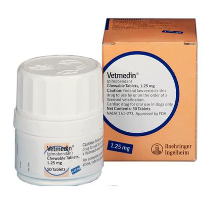 Boehringer Ingelheim Vetmedin Chewable Tablets 1.25 mg for dogs in a container and box