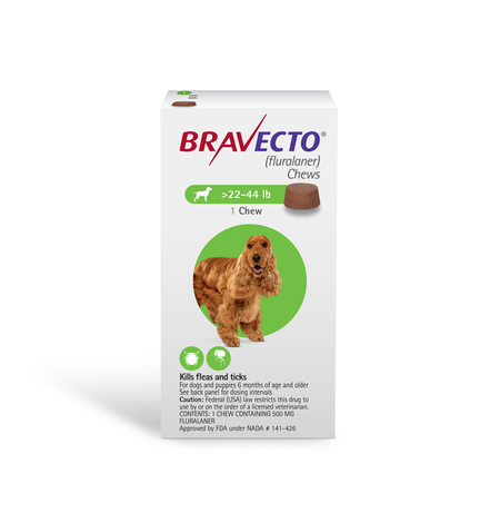 Bravecto flea treatment chews for dogs weighing 22-44 lb, kills fleas and ticks effectively