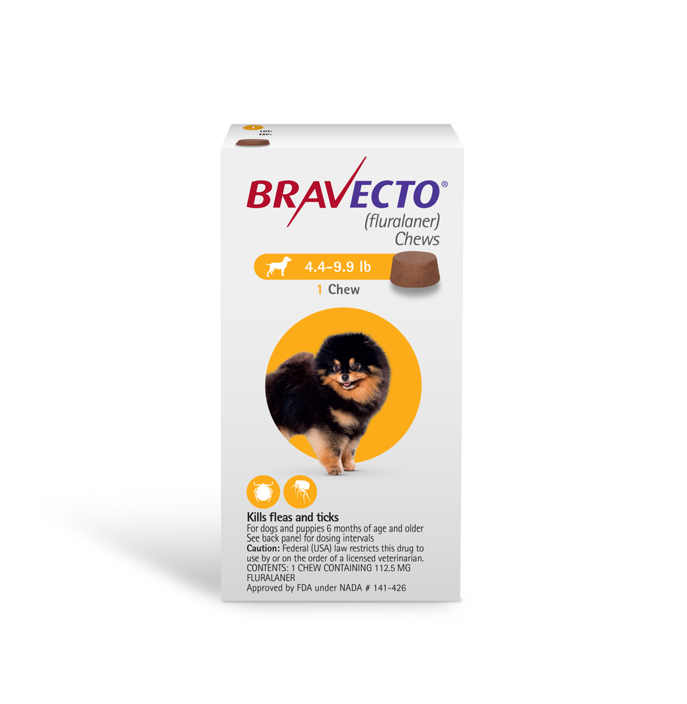 Bravecto flea treatment chews for dogs weighing 4.4-9.9 lb in Merck packaging