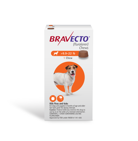 Bravecto flea treatment chews for dogs weighing 9.9-22 lb, kills fleas and ticks effectively