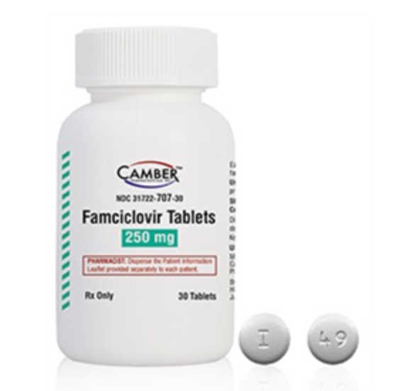 Bottle of 250mg Famciclovir for pets with 30 tablets for treating viral infections in animals