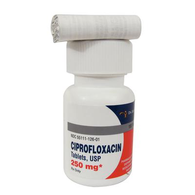 Ciprofloxacin for pets in 250 mg dosage, provided in a secure white prescription bottle
