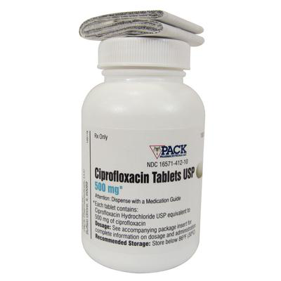 Ciprofloxacin Tablets USP 500 mg in a bottle for pets, used as prescription medication.
