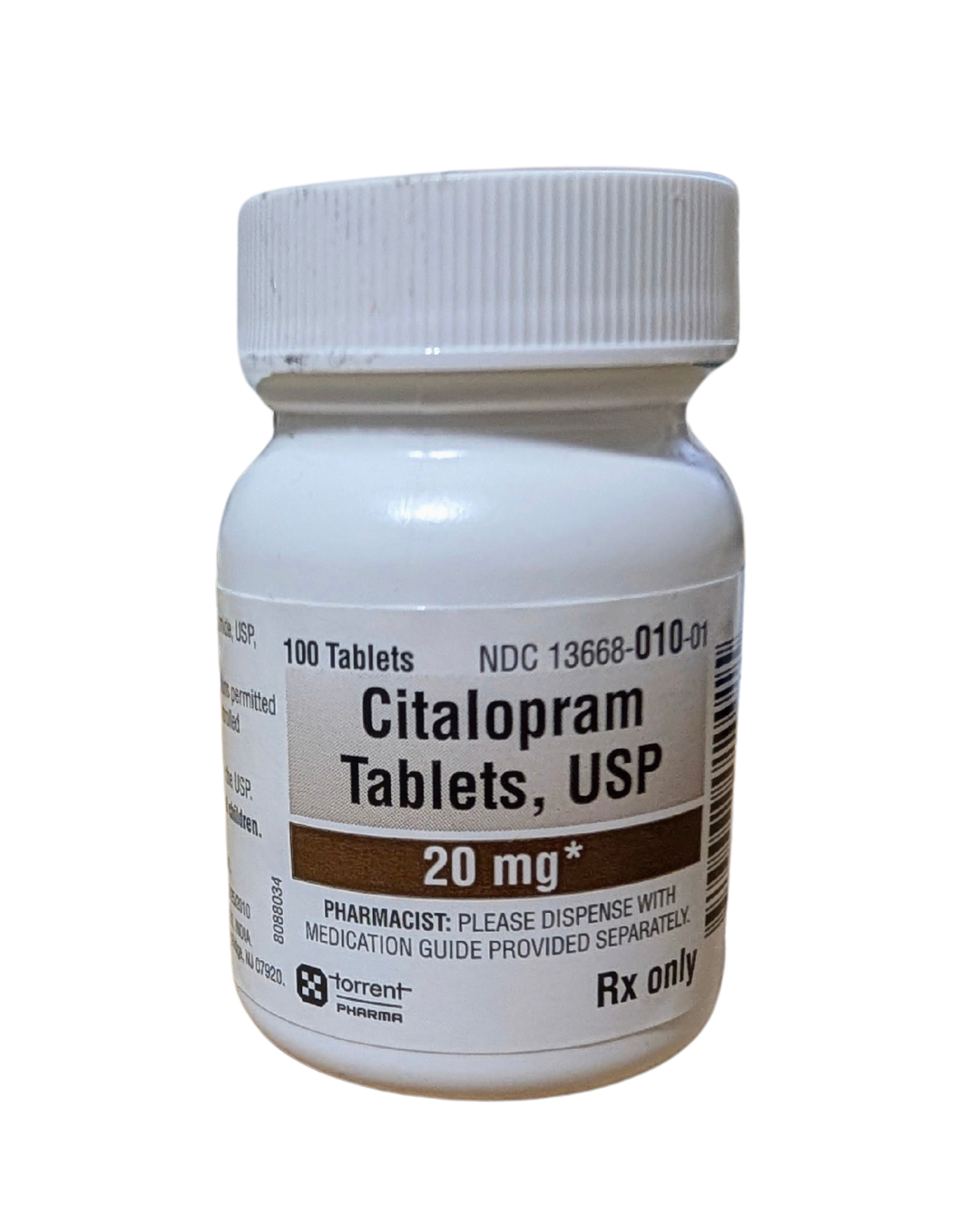 Citalopram 20 mg tablets for pets in a white bottle containing 100 tablets, prescription medication