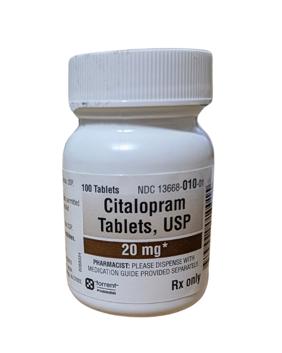 Citalopram 20 mg tablets for pets in a white bottle containing 100 tablets, prescription medication