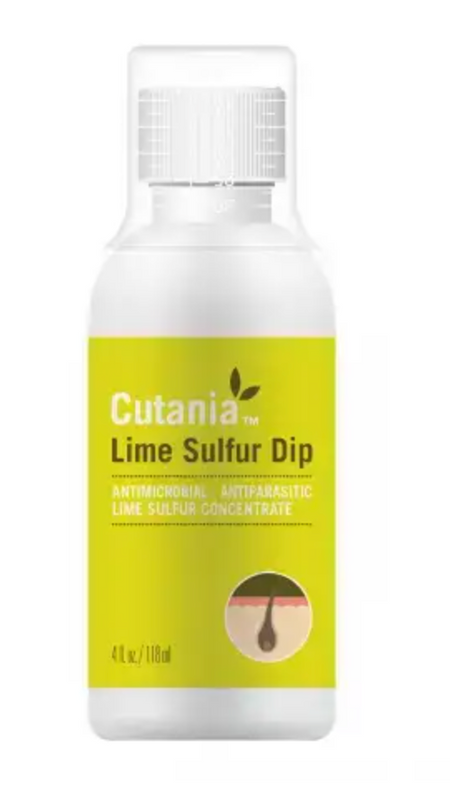 Cutania Lime Sulfur Dip for pets in a 4 oz bottle, effective antimicrobial and antiparasitic treatment