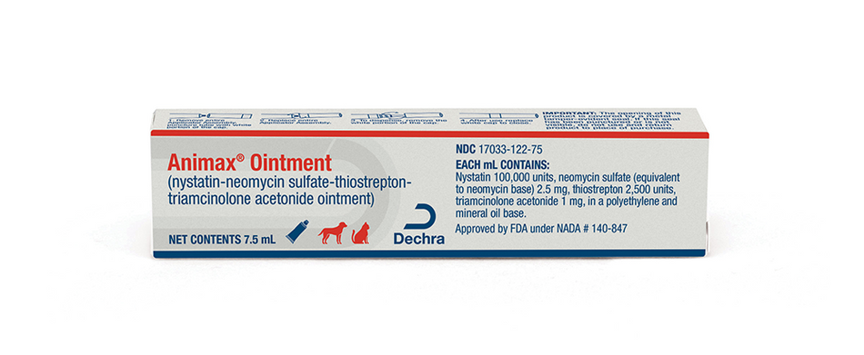Animax Ointment for pets by Dechra in a 7.5 mL tube for treating various skin conditions