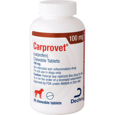 Carprofen chewable tablets for dogs in a 100 mg bottle, containing 60 tablets for pain relief