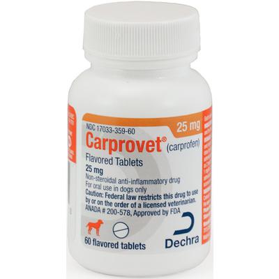Carprofen chewable tablets for dogs in a 60-count bottle, each containing 25 mg of flavored medication