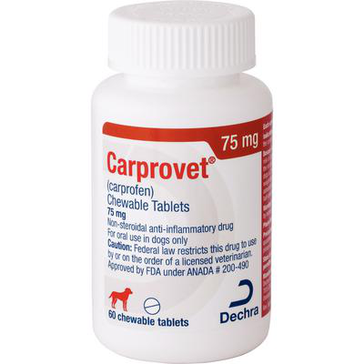 Carprofen chewable tablets for dogs in a 60-count bottle for pain relief and inflammation