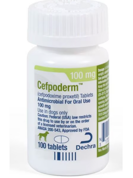 Cefpoderm antibiotic for dogs in a 100mg bottle containing 100 tablets by Dechra