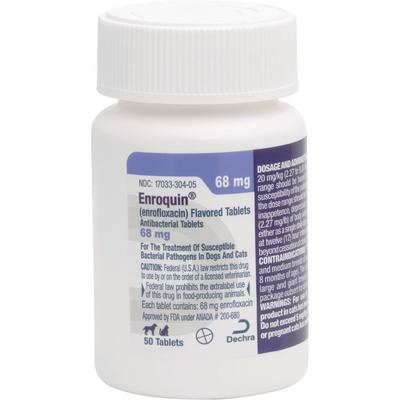 Enroquin Enrofloxacin for pets in a 68 mg bottle containing 50 antibacterial tablets