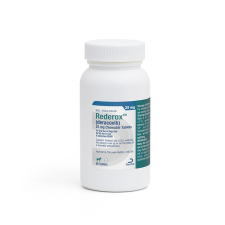 Bottle of Dechra generic Deramaxx tablets, 25 mg chewable tablets for pain relief in dogs