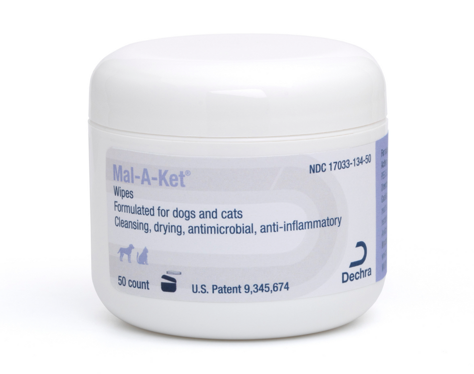 Mal-A-Ket wipes for pets in a 50 count container, designed for cleaning and antimicrobial use.