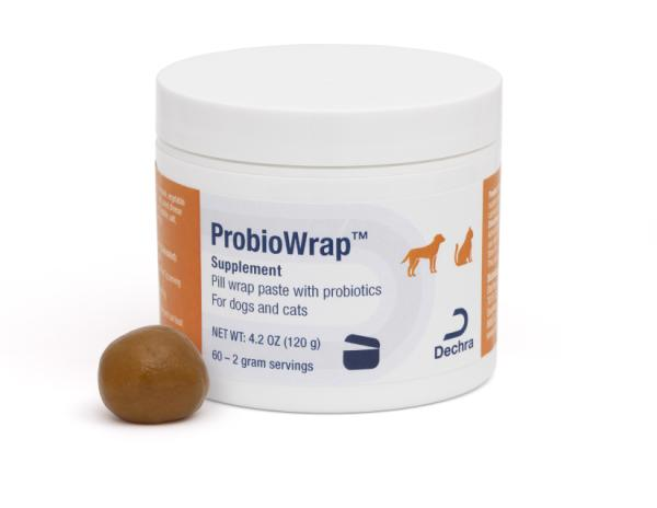 Dechra ProbioWrap Probiotic Pill Wrap for Pets in a 4.2 oz container with a sample wrap beside it