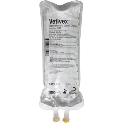 Veterinary sodium chloride solution in a 1000 mL bag for hydration and electrolyte balance in animals