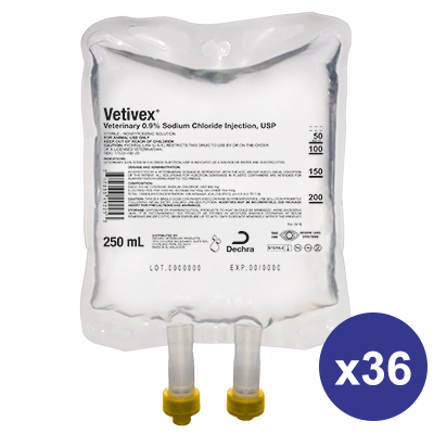 Veterinary sodium chloride solution 0.9% injection in 250 mL bag for animal hydration and electrolyte balance
