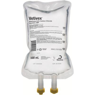 Generic veterinary sodium chloride solution in a 500 ml IV bag for animal hydration and electrolyte balance