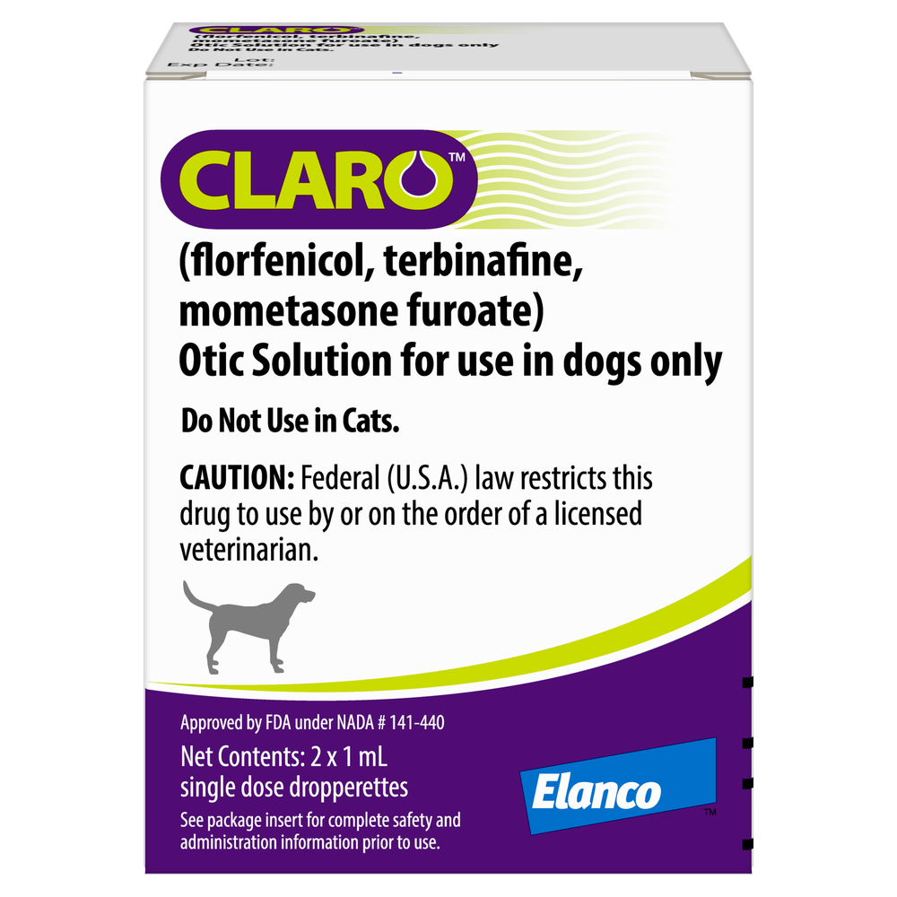 Claro Otic Solution for Dogs in a box containing two 1 mL single dose dropperettes