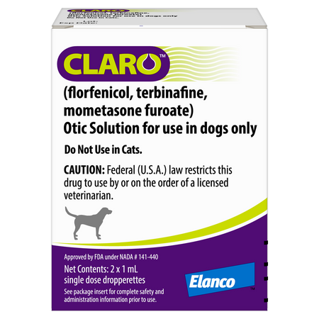 Claro Otic Solution for Dogs in a box containing two 1 mL single dose dropperettes