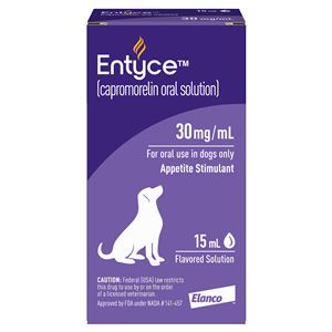 Entyce for dogs appetite stimulant 30 mg/mL flavored oral solution by Elanco in a 15 mL bottle