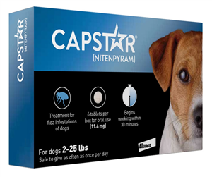 Capstar fast-acting flea medication for dogs 2-25 lbs, includes 6 tablets effective in 30 minutes