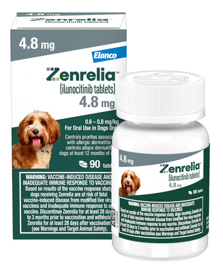 Zenrelia 4.8 mg tablets for pet dermatitis treatment in dogs, containing 90 tablets for allergy relief