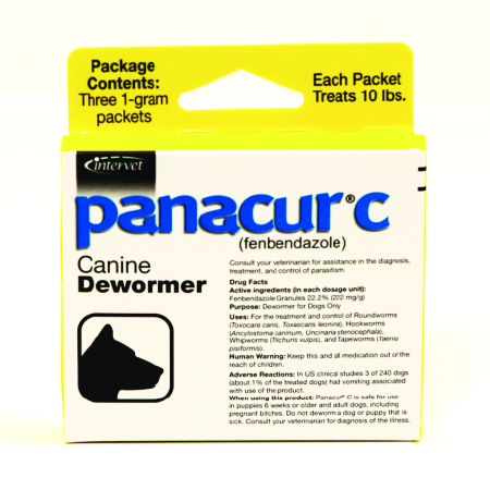 Panacur C Canine Dewormer by Merck, featuring fenbendazole pet dewormer in a three-pack for effective treatment