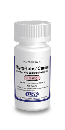 Thyro-Tabs Canine Levothyroxine for dogs in a bottle containing 120 tablets of 0.2 mg