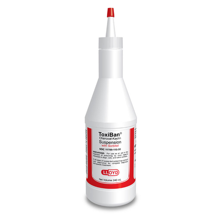 Toxiban suspension for pets in a white bottle with a red label and pointed applicator for easy use