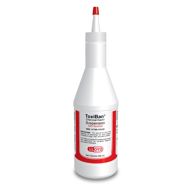 Toxiban suspension for pets in a white bottle with a red label and pointed applicator for easy use