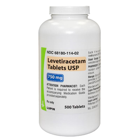Bottle of Levetiracetam for pets 750 mg tablets by Generic RX, containing 500 tablets for veterinary use